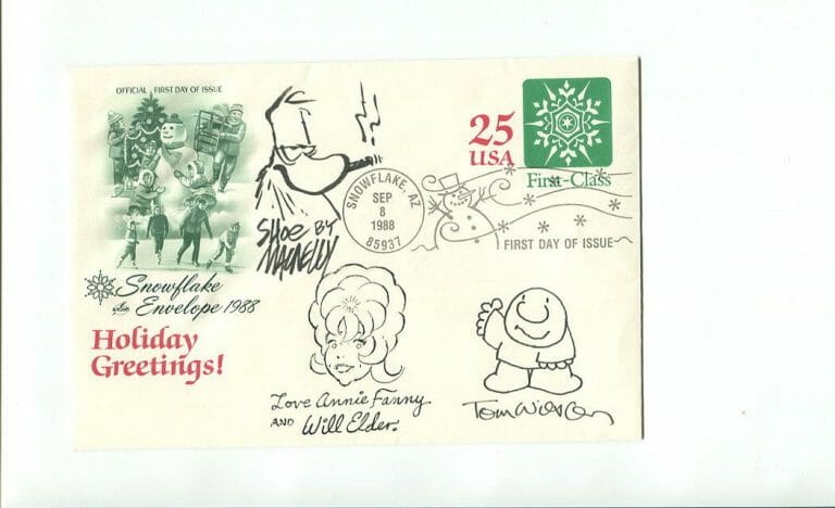 JEFF MACNELLY+TOM WILSON+WILL ELDER SIGNED 5×7 FDC+COA ORIGINAL ART BY ALL 3 COLLECTIBLE MEMORABILIA