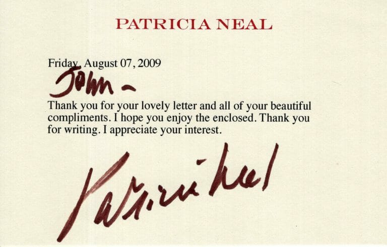 PATRICIA NEAL HAND SIGNED 3×5 NOTE CARD+COA LEGENDARY ACTRESS TO JOHN COLLECTIBLE MEMORABILIA