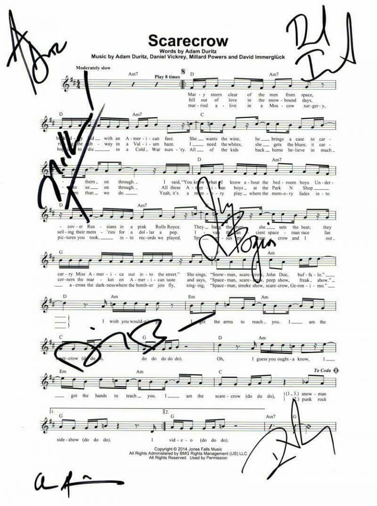 COUNTING CROWS BAND (X7) SIGNED AUTOGRAPH “SCARECROW” SHEET MUSIC – ADAM DURITZ COLLECTIBLE MEMORABILIA