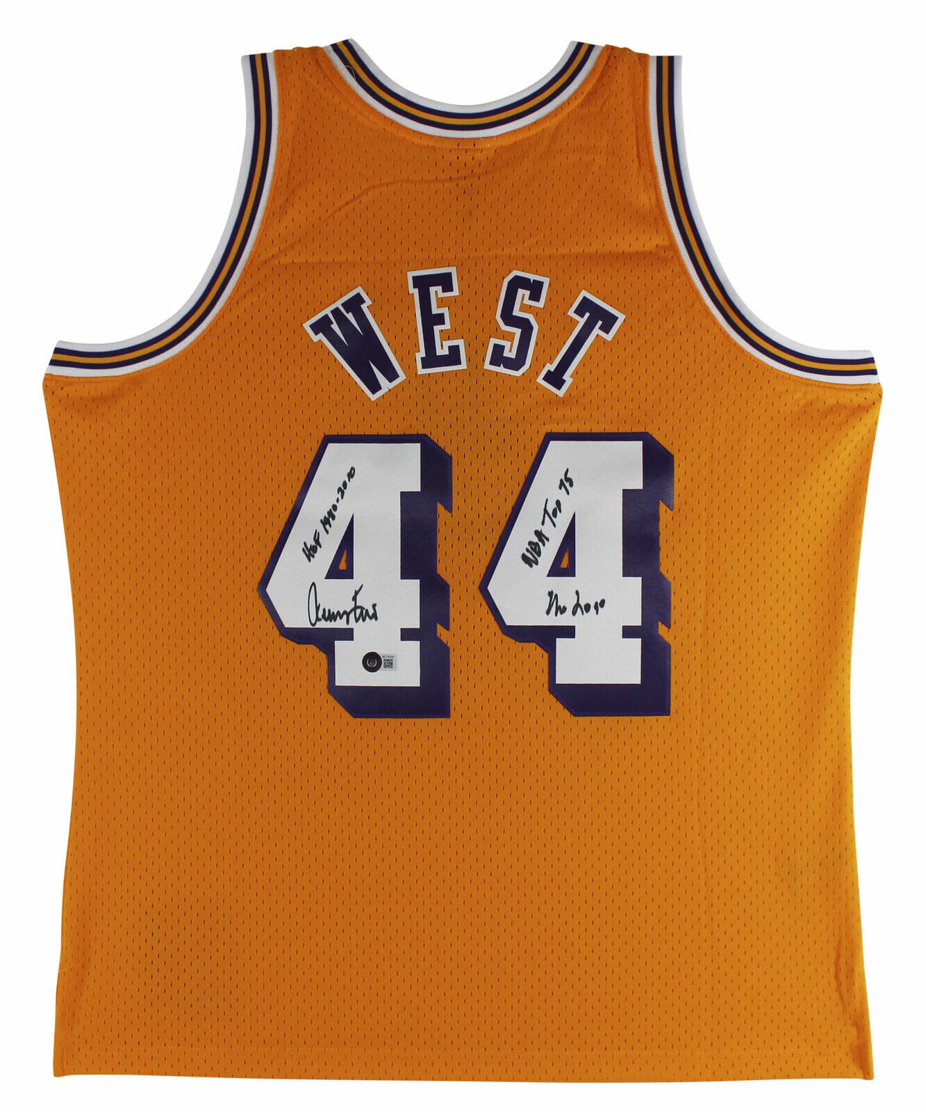 Jerry West Autographed Los Angeles Lakers M&N Authentic Jersey Inscribed  with Career Stats