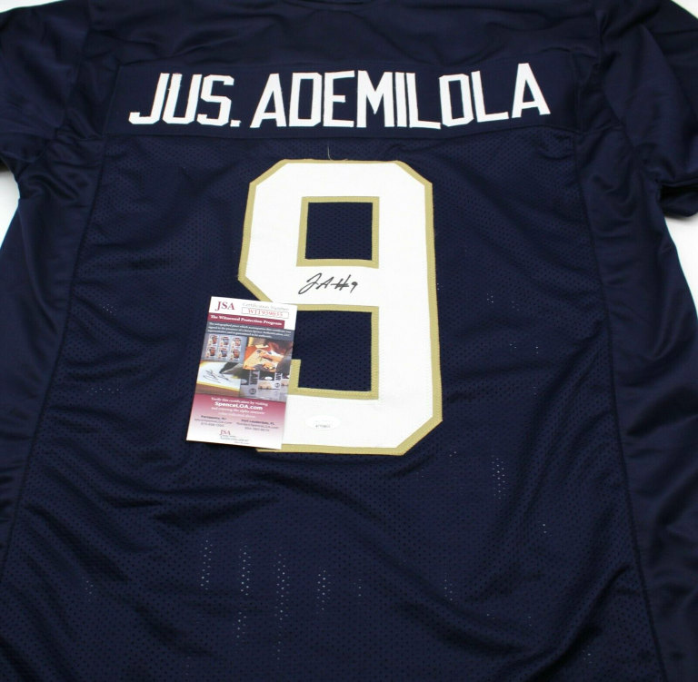 JUSTIN ADEMILOLA SIGNED CUSTOM BLUE NOTRE DAME FOOTBALL JERSEY W/JSA COA WITNESS COLLECTIBLE MEMORABILIA