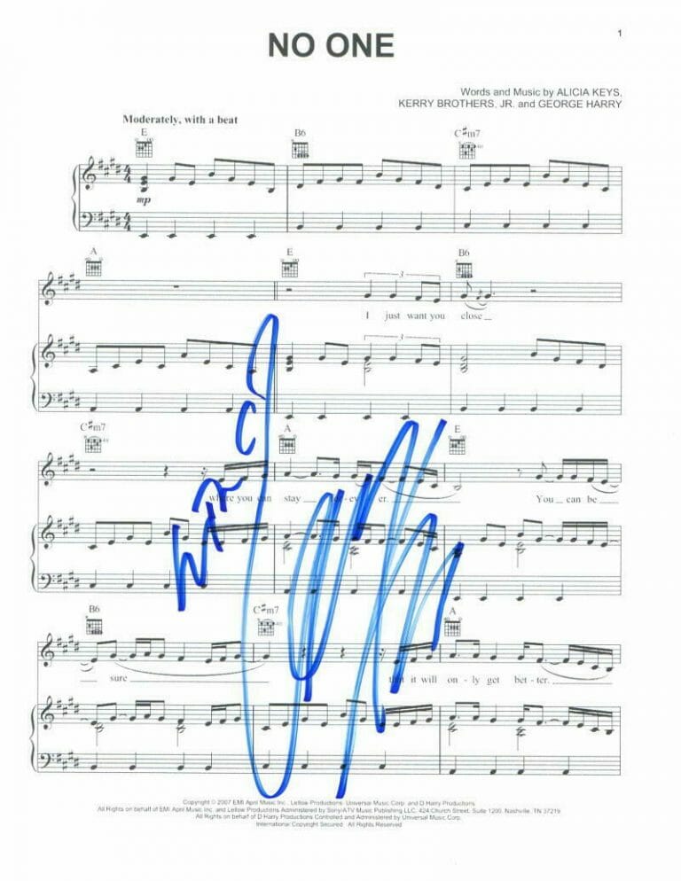 ALICIA KEYS SIGNED AUTOGRAPH NO ONE SHEET MUSIC – SEXY SINGER, SONGS IN A MIRROR COLLECTIBLE MEMORABILIA