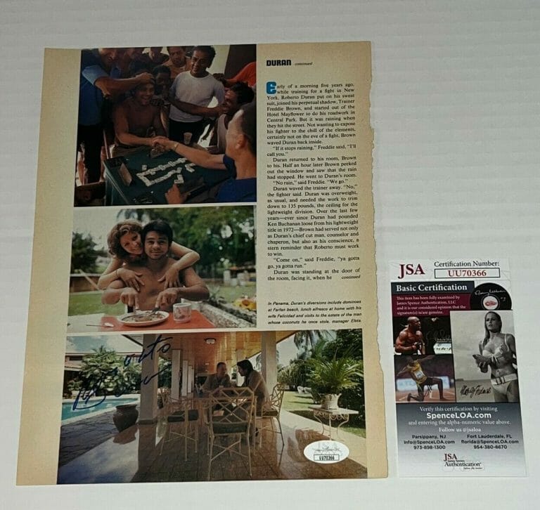 ROBERTO DURAN SIGNED MAGAZINE PAGE BOXING CHAMP AUTOGRAPHED JSA COLLECTIBLE MEMORABILIA