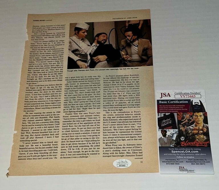 AARON PRYOR THE HAWK SIGNED MAGAZINE PAGE WELTERWEIGHT CHAMP AUTOGRAPHED 3 JSA COLLECTIBLE MEMORABILIA