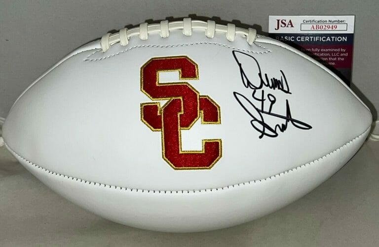DENNIS SMITH DENVER BRONCOS SIGNED USC TROJANS FULL SIZE LOGO FOOTBALL BALL JSA COLLECTIBLE MEMORABILIA