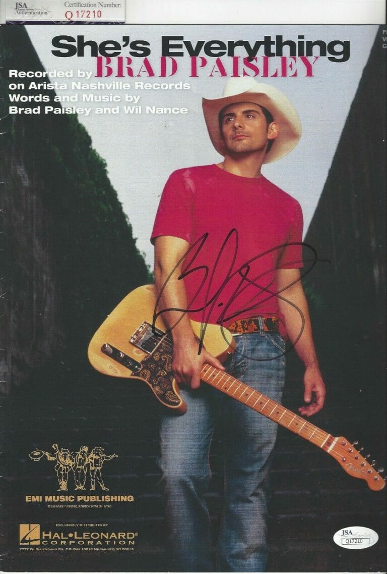BRAD PAISLEY SIGNED AUTOGRAPH SHEET MUSIC “SHE’S EVERYTHING ” JSA COUNTRY
 COLLECTIBLE MEMORABILIA