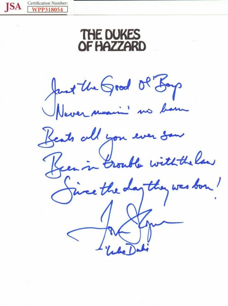 TOM WOPAT JOHN SCHNEIDER SIGNED AUTOGRAPH 8.5×11 HANDWRITTEN LYRICS DUKES JSA
 COLLECTIBLE MEMORABILIA