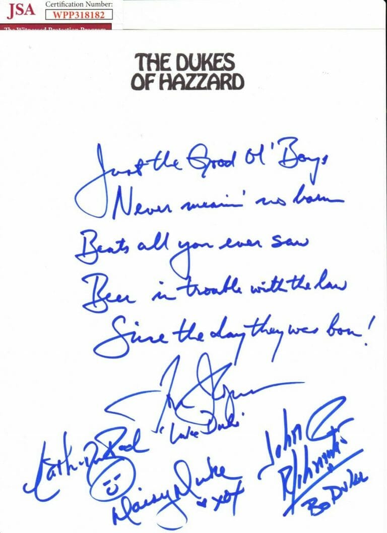 TOM WOPAT SCHNEIDER BACH SIGNED AUTOGRAPH 8.5×11 HANDWRITTEN LYRICS DUKES JSA
 COLLECTIBLE MEMORABILIA