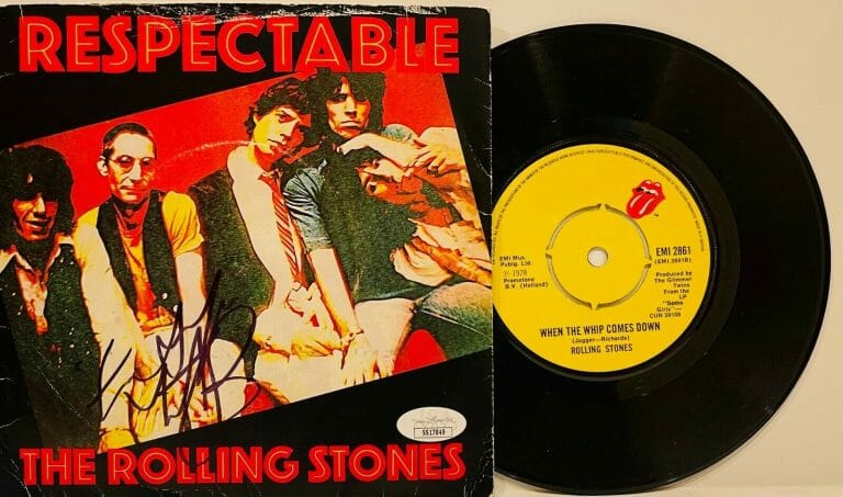 CHARLIE WATTS SIGNED AUTOGRAPH ROLLING STONES UK 45 RECORD “RESPECTABLE” JSA
 COLLECTIBLE MEMORABILIA
