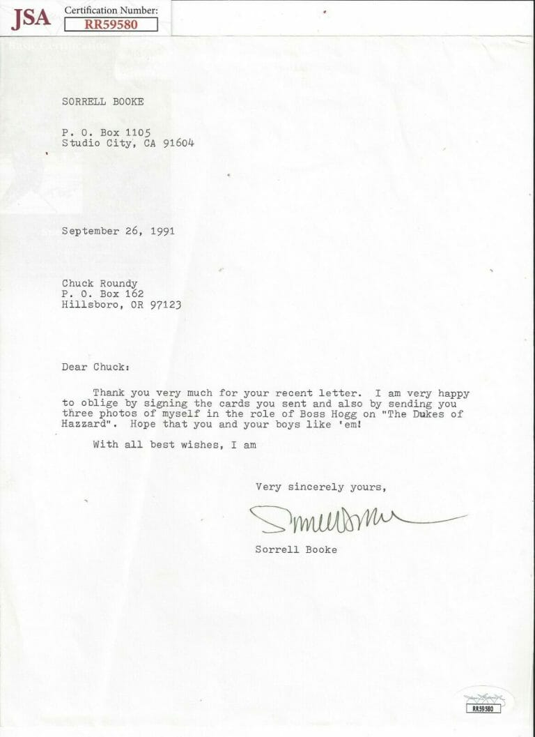 SORRELL BOOKE SIGNED AUTOGRAPH 8.5×11 LETTER DUKES OF HAZZARD JSA COA
 COLLECTIBLE MEMORABILIA