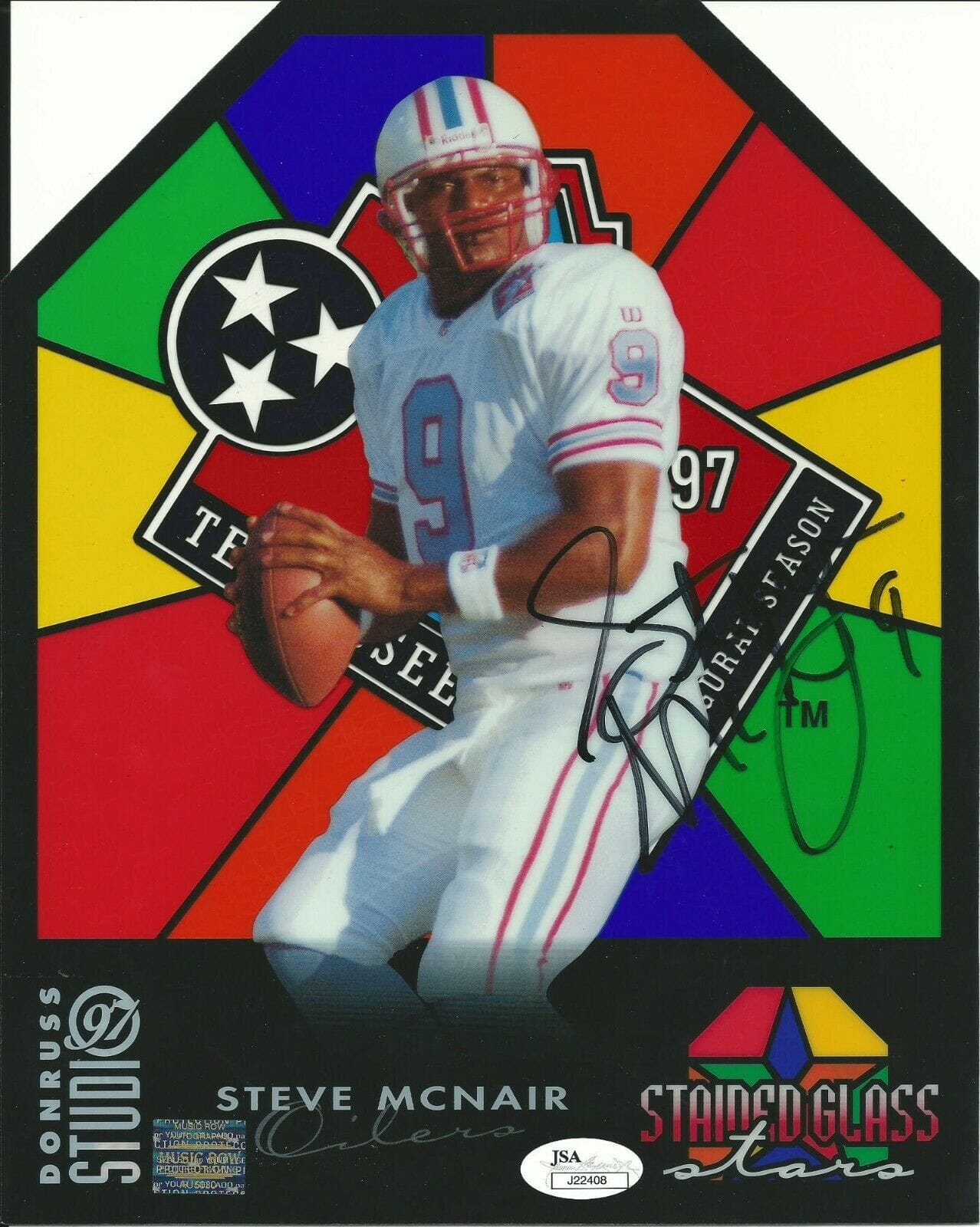 STEVE MCNAIR Signed Autograph 8x10 Donruss Stained Glass Stars Card 635