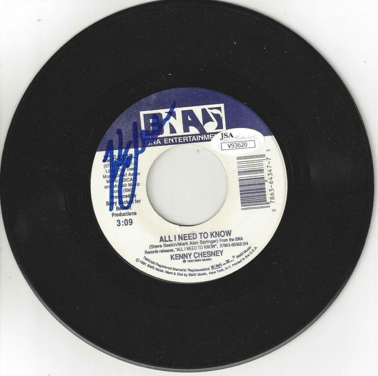 KENNY CHESNEY SIGNED AUTOGRAPH “ALL I NEED TO KNOW” 45 RECORD JSA COA
 COLLECTIBLE MEMORABILIA