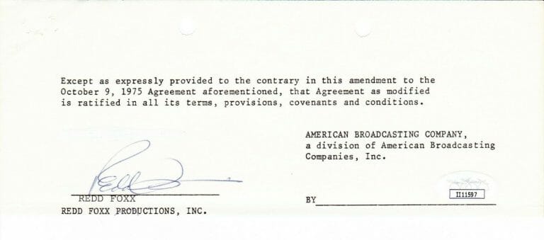 REDD FOXX SIGNED AUTOGRAPH CONTRACT JSA
 COLLECTIBLE MEMORABILIA