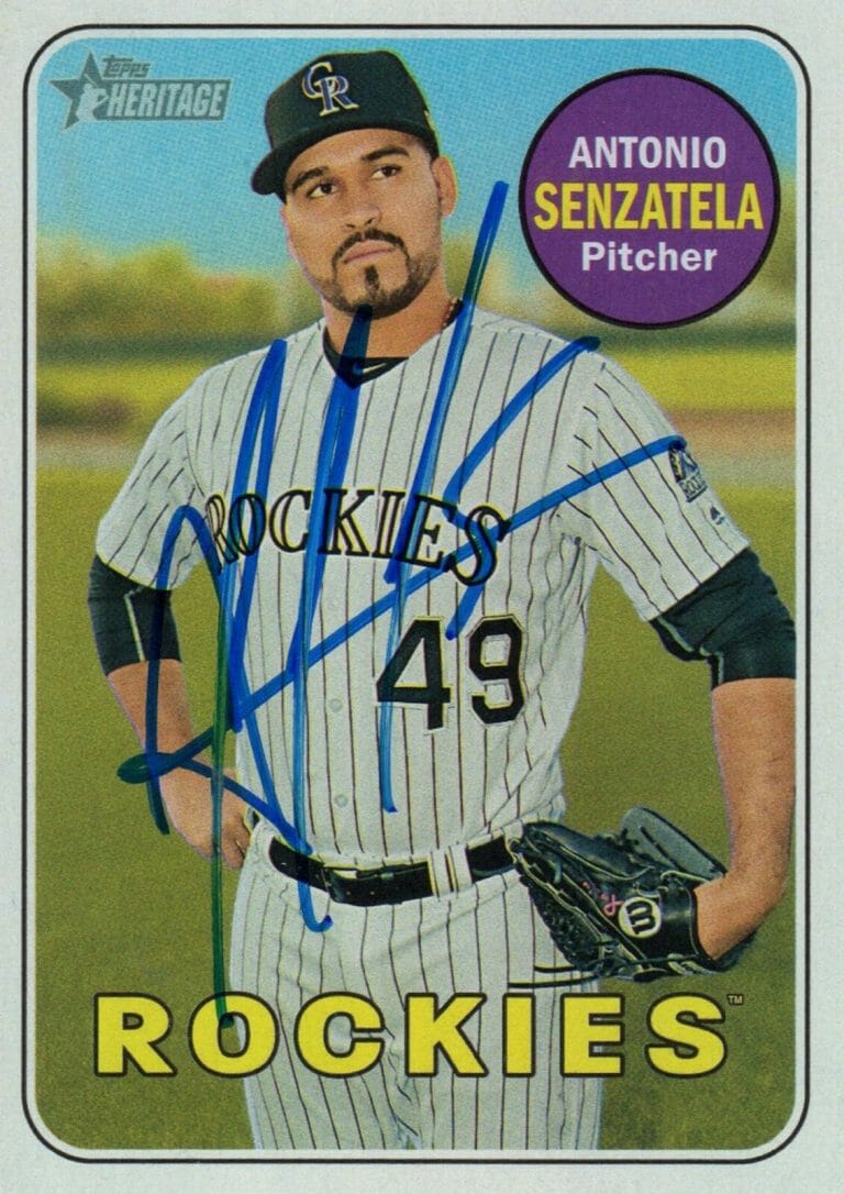 COLORADO ROCKIES ANTONIO SENZATELA SIGNED 2018 TOPPS HERITAGE TRADING CARD #484 COLLECTIBLE MEMORABILIA