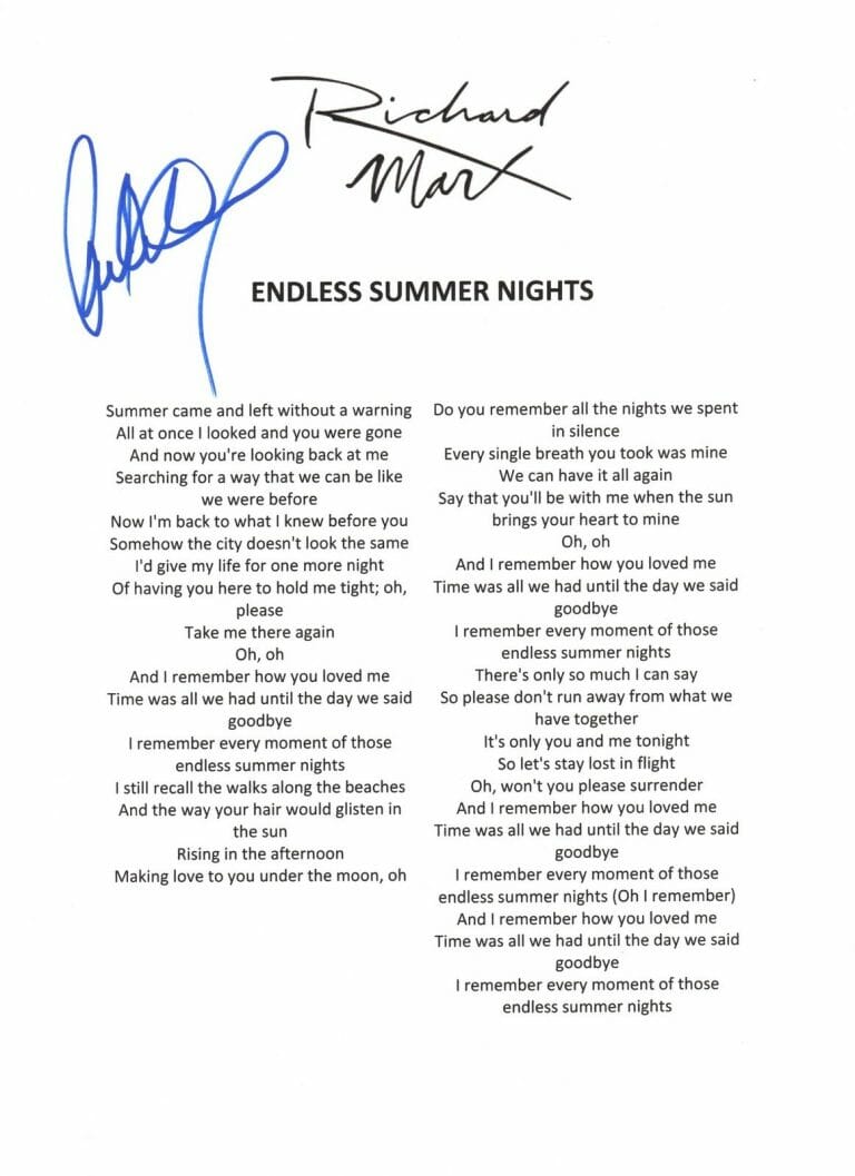 RICHARD MARX SIGNED LYRIC SHEET ENDLESS SUMMER NIGHTS 2 COA COLLECTIBLE MEMORABILIA