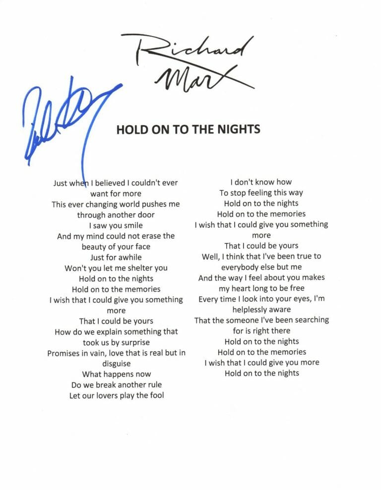 RICHARD MARX SIGNED LYRIC SHEET HOLD ON TO THE NIGHTS COA COLLECTIBLE MEMORABILIA
