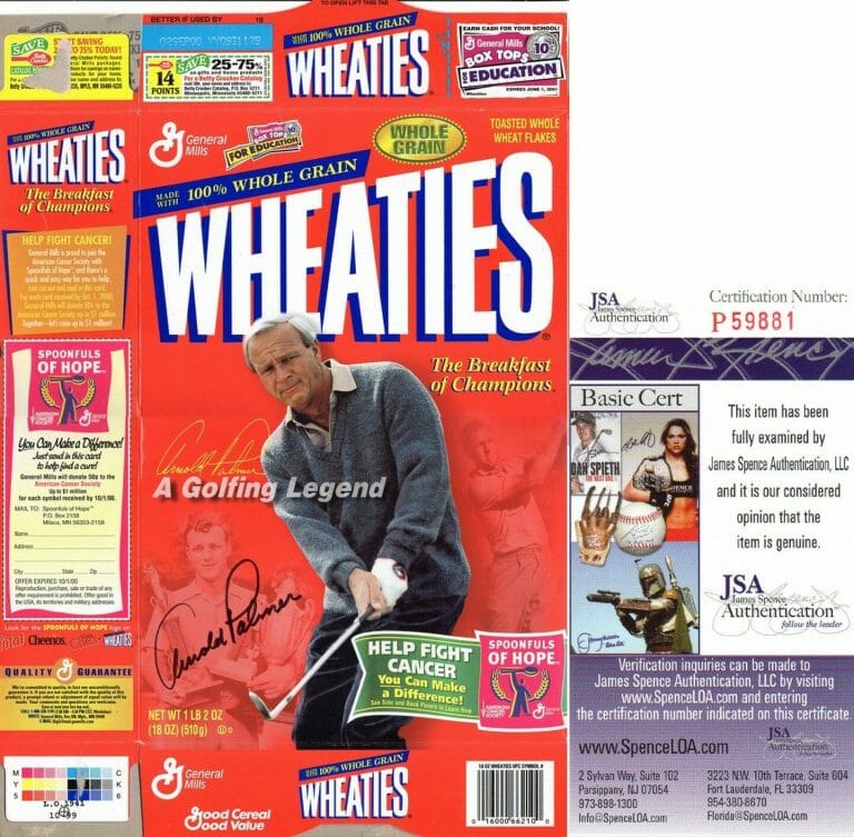 LEGENDARY GOLFER ARNOLD PALMER SIGNED WHEATIES BOX JSA AUTHENTICATED COA COLLECTIBLE MEMORABILIA