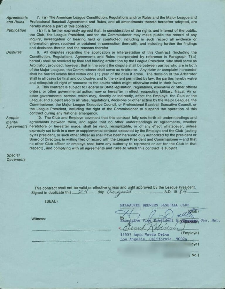 FRANK ROBINSON AUTHENTIC SIGNED 1984 BREWERS COACHING CONTRACT PSA/DNA #X45024 COLLECTIBLE MEMORABILIA