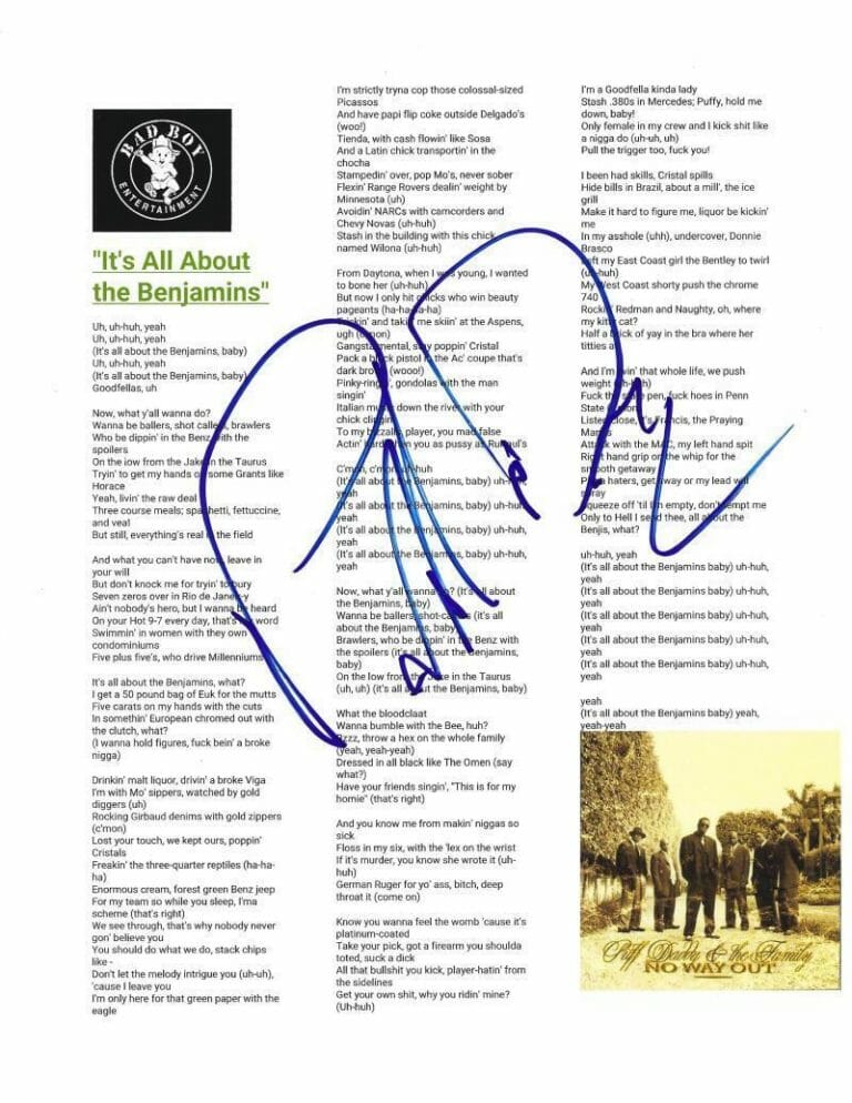 P DIDDY PUFF DADDY SEAN JOHN SIGNED LYRIC SHEET IT’S ALL ABOUT THE BENJAMINS COLLECTIBLE MEMORABILIA
