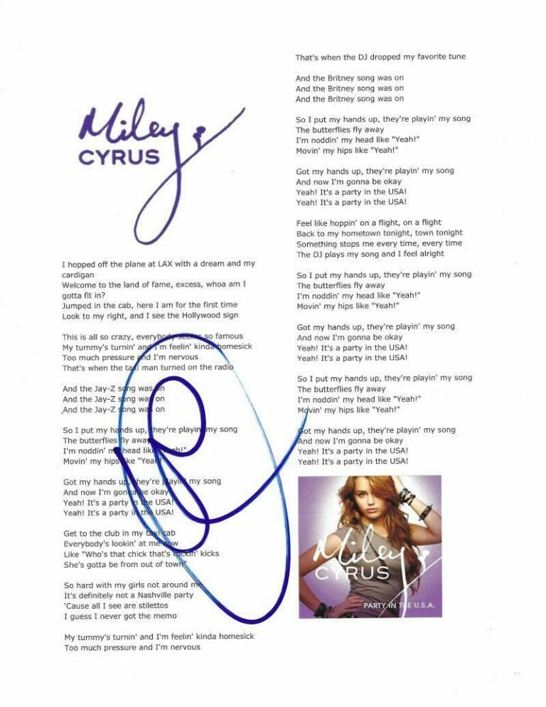 MILEY CYRUS SIGNED PARTY IN THE USA LYRIC SHEET AUTHENTIC AUTORGAPH HOLOGRAM COLLECTIBLE MEMORABILIA