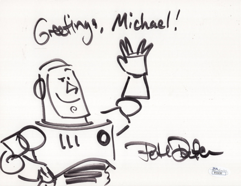 PETE DOCTER HAND SIGNED 8×11 BUZZ LIGHTYEAR ORIGINAL ARTWORK JSA TO MICHAEL COLLECTIBLE MEMORABILIA