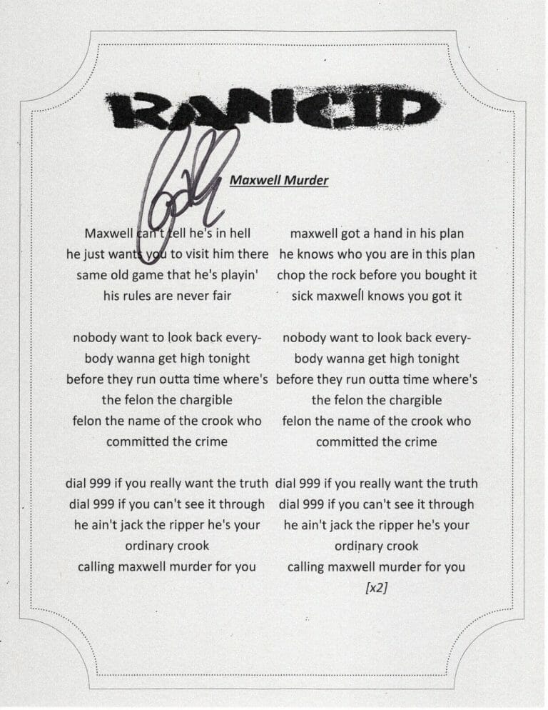 RANCID MAXWELL MURDER LYRIC SHEET SIGNED BY LARS FREDERIKSEN COLLECTIBLE MEMORABILIA