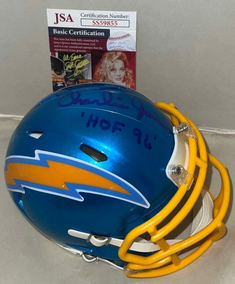 CHARLIE JOINER SAN DIEGO CHARGERS SIGNED FLASH MINI HELMET W HOF INSCRIPTION JSA COLLECTIBLE MEMORABILIA