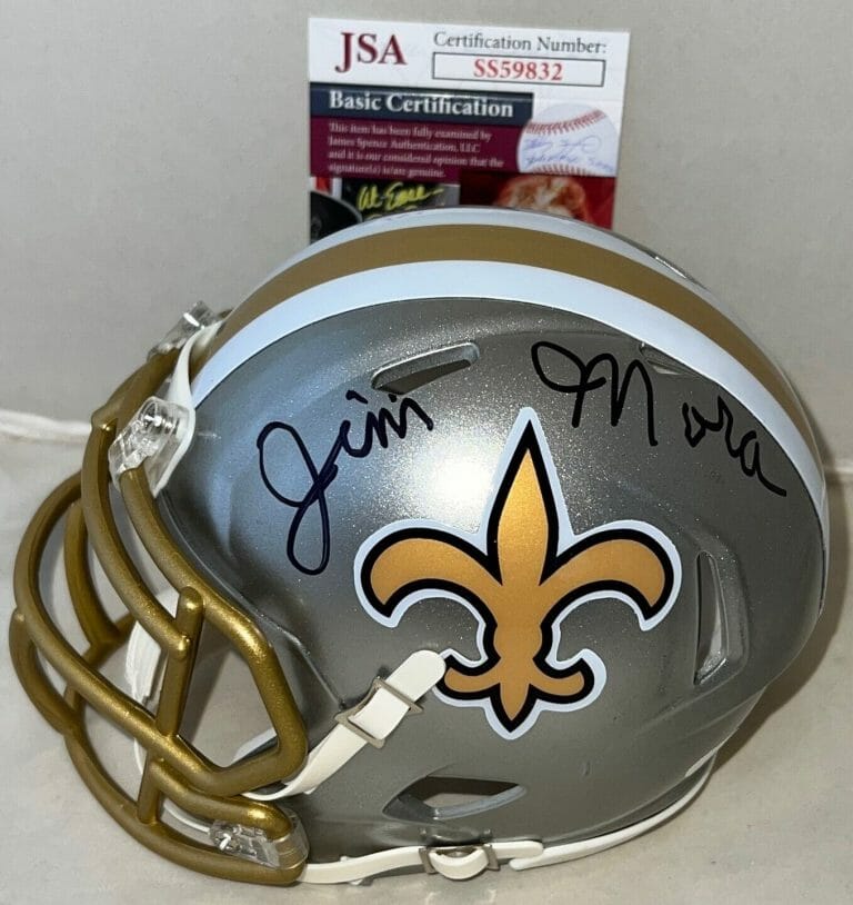 JIM MORA SIGNED NEW ORLEANS SAINTS FLASH MINI HELMET AUTOGRAPHED JSA COLLECTIBLE MEMORABILIA