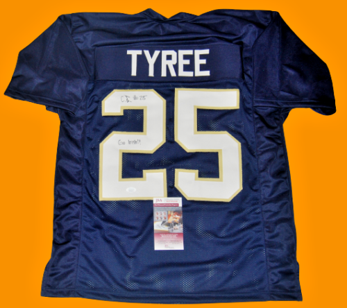 CHRIS TYREE SIGNED (NOTRE DAME FIGHTING IRISH) NAVY GO IRISH CUSTOM JERSEY JSA COLLECTIBLE MEMORABILIA
