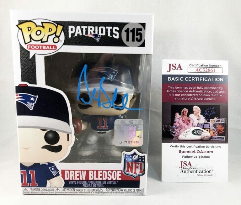 NEW ENGLAND PATRIOTS DREW BLEDSOE SIGNED FUNKO POP JSA 1 COA COLLECTIBLE MEMORABILIA