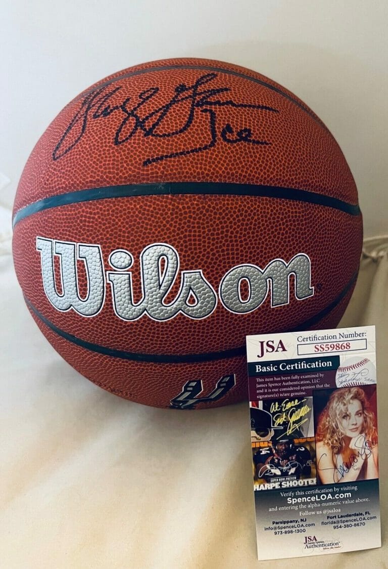 GEORGE GERVIN SIGNED SAN ANTONIO SPURS LOGO BASKETBALL BALL AUTOGRAPHED ICE JSA COLLECTIBLE MEMORABILIA