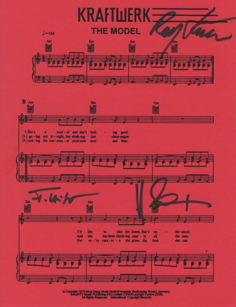 KRAFTWERK SIGNED AUTOGRAPH MODEL SHEET MUSIC – RALF HUTTER FRITZ HILPERT +1 JSA COLLECTIBLE MEMORABILIA