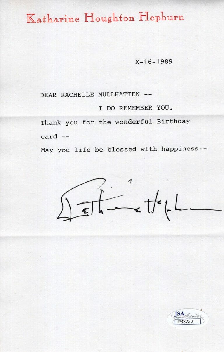 KATHARINE HEPBURN HAND SIGNED LETTER ON LETTERHEAD I DO REMEMBER YOU JSA COLLECTIBLE MEMORABILIA