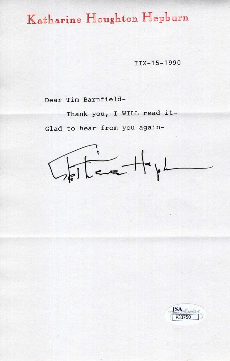 KATHARINE HEPBURN HAND SIGNED LETTER ON LETTERHEAD 1990 I WILL READ IT JSA COLLECTIBLE MEMORABILIA