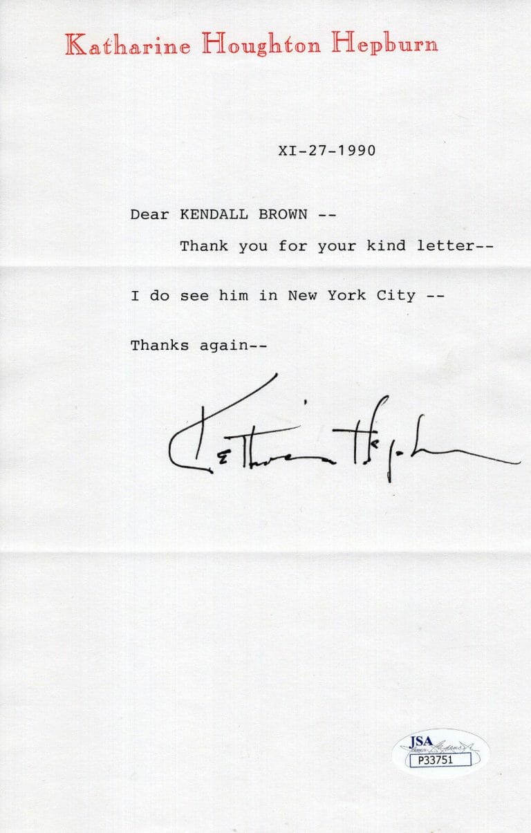 KATHARINE HEPBURN HAND SIGNED LETTER ON LETTERHEAD I DO SEE HIM IN NYC JSA COLLECTIBLE MEMORABILIA