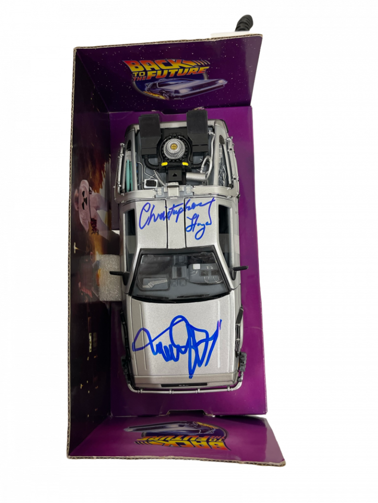MICHAEL J FOX CHRISTOPHER LLOYD SIGNED BACK TO THE FUTURE 1:24 DELOREAN PSA 21 COLLECTIBLE MEMORABILIA