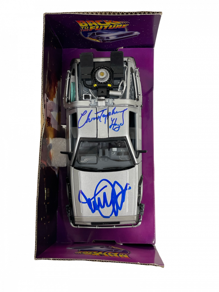 MICHAEL J FOX CHRISTOPHER LLOYD SIGNED BACK TO THE FUTURE 1:24 DELOREAN PSA 14 COLLECTIBLE MEMORABILIA
