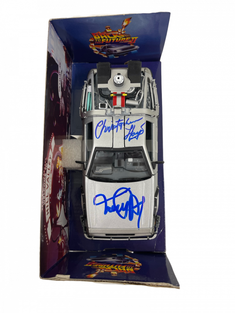MICHAEL J FOX CHRISTOPHER LLOYD SIGNED BACK TO THE FUTURE 2 1:24 DELOREAN PSA 5 COLLECTIBLE MEMORABILIA