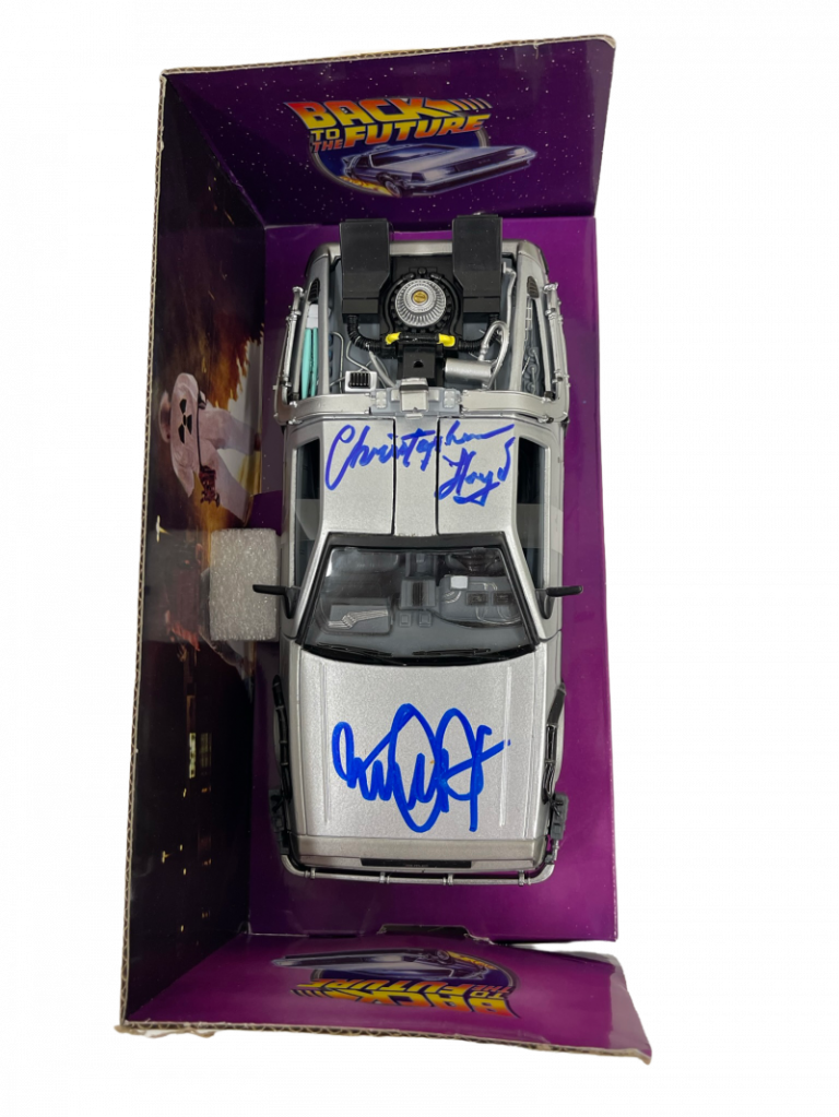 MICHAEL J FOX CHRISTOPHER LLOYD SIGNED BACK TO THE FUTURE 1:24 DELOREAN PSA 20 COLLECTIBLE MEMORABILIA