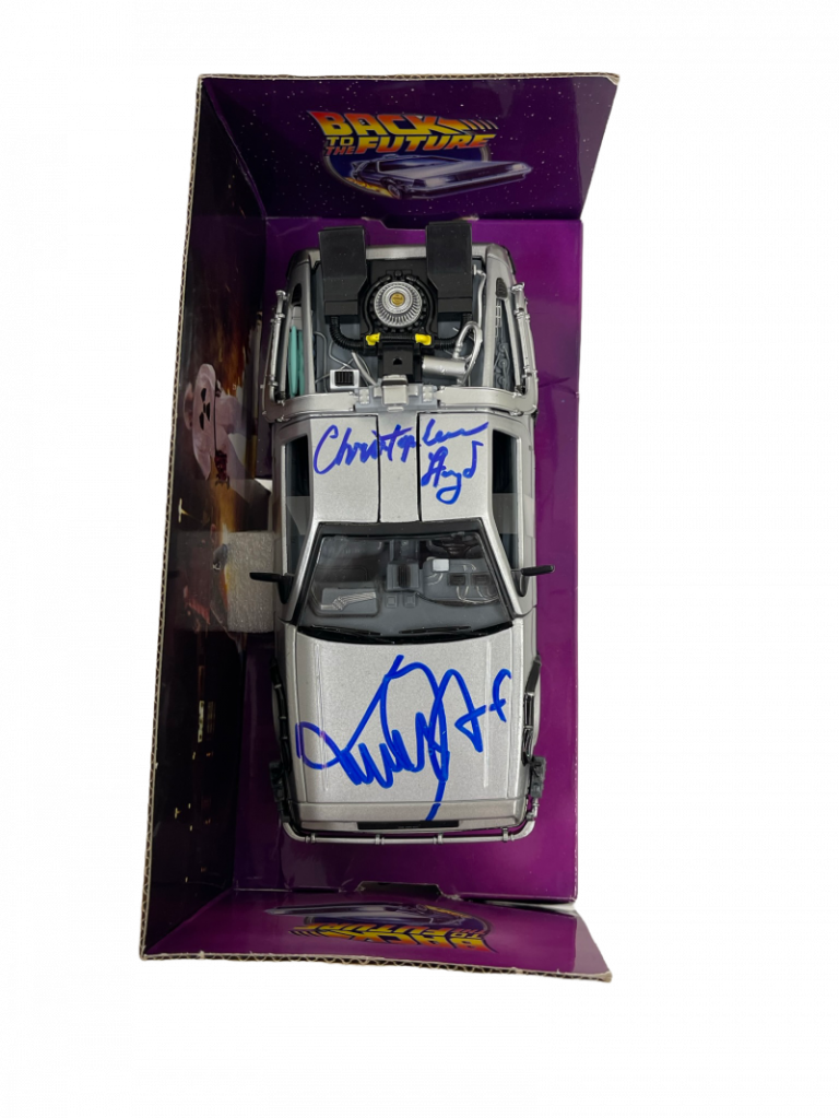 MICHAEL J FOX CHRISTOPHER LLOYD SIGNED BACK TO THE FUTURE 1:24 DELOREAN PSA 9 COLLECTIBLE MEMORABILIA