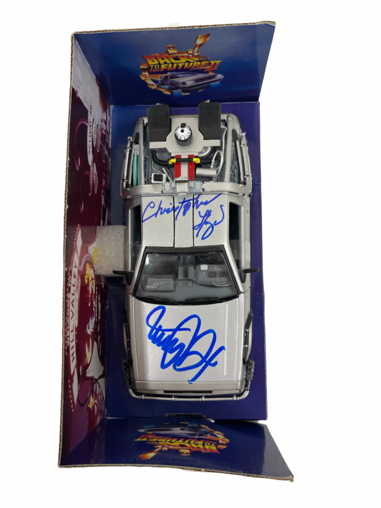 MICHAEL J FOX CHRISTOPHER LLOYD SIGNED BACK TO THE FUTURE 2 1:24 DELOREAN PSA 14 COLLECTIBLE MEMORABILIA