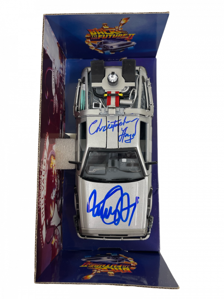 MICHAEL J FOX CHRISTOPHER LLOYD SIGNED BACK TO THE FUTURE 2 1:24 DELOREAN PSA 15 COLLECTIBLE MEMORABILIA