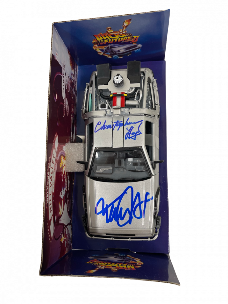 MICHAEL J FOX CHRISTOPHER LLOYD SIGNED BACK TO THE FUTURE 2 1:24 DELOREAN PSA 4 COLLECTIBLE MEMORABILIA