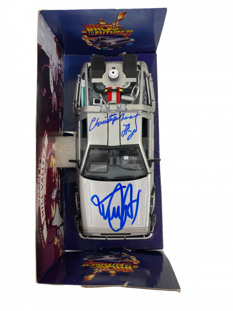 MICHAEL J FOX CHRISTOPHER LLOYD SIGNED BACK TO THE FUTURE 2 1:24 DELOREAN PSA 19 COLLECTIBLE MEMORABILIA