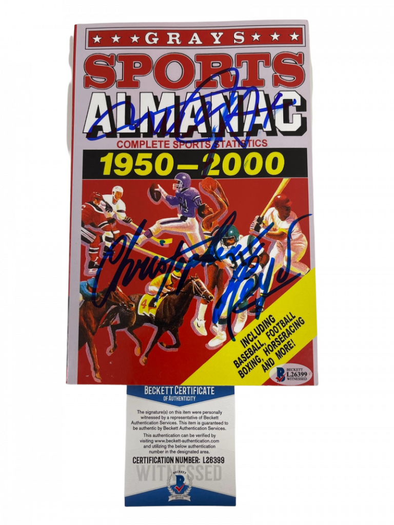 MICHAEL J FOX CHRISTOPHER LLOYD SIGNED BACK TO THE FUTURE GRAYS ALMANAC BAS COA COLLECTIBLE MEMORABILIA