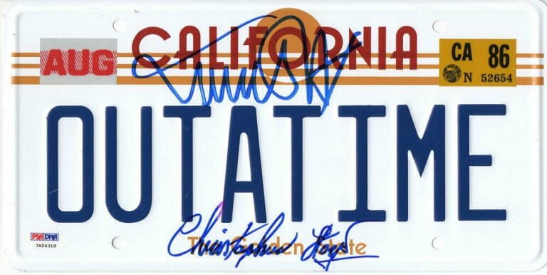 MICHAEL J FOX CHRISTOPHER LLOYD SIGNED BACK TO THE FUTURE LICENSE PLATE PSA 29 COLLECTIBLE MEMORABILIA