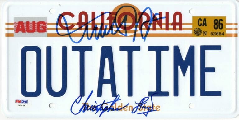 MICHAEL J FOX CHRISTOPHER LLOYD SIGNED BACK TO THE FUTURE LICENSE PLATE PSA 13 COLLECTIBLE MEMORABILIA