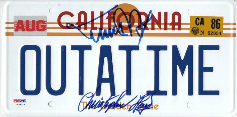 MICHAEL J FOX CHRISTOPHER LLOYD SIGNED BACK TO THE FUTURE LICENSE PLATE PSA 14 COLLECTIBLE MEMORABILIA