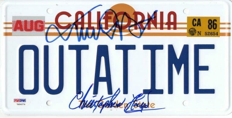 MICHAEL J FOX CHRISTOPHER LLOYD SIGNED BACK TO THE FUTURE LICENSE PLATE PSA 30 COLLECTIBLE MEMORABILIA