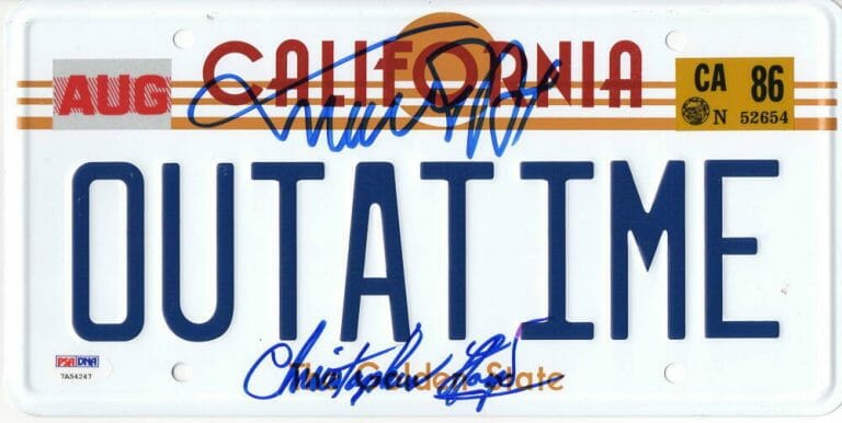 MICHAEL J FOX CHRISTOPHER LLOYD SIGNED BACK TO THE FUTURE LICENSE PLATE PSA 16 COLLECTIBLE MEMORABILIA